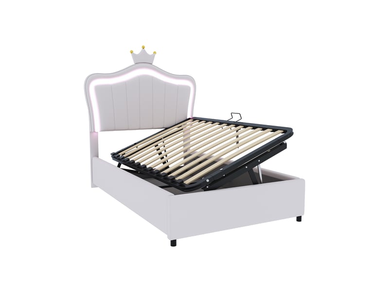  Lit coffre simple 90x200 cm avec led et tête réglable, similicuir, blanc, sans matelas  - Conforama C
