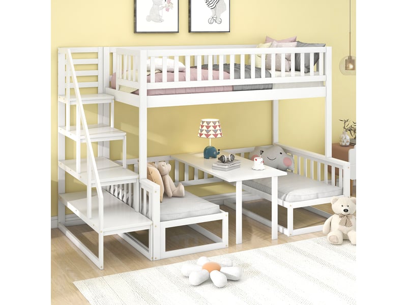  Lit superposé 90x200+120x200cm, lit enfant avec canapé, table, étagères, escalier et sommiers, lit convertible, pin blanc  - Conforama B
