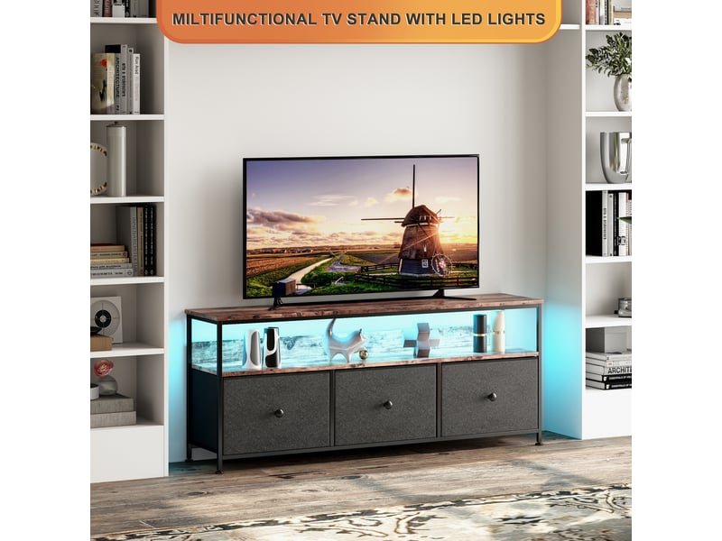 Meuble tv multimédia avec led - buffet led - design rétro chic - tiroirs en tissu noir - 108cmx30x57cm - marron  - Conforama D