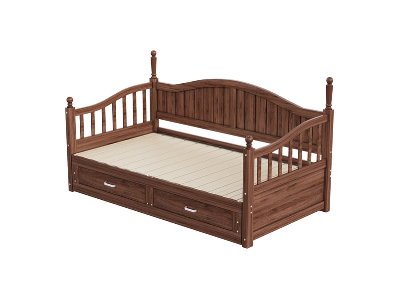  Canapé-lit gigogne extensible 90x190 cm en bois, dossier galbé, accoudoirs colonnes et tiroirs, finition noyer, sans matelas  - Conforama E