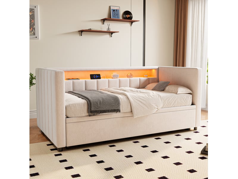  Lit gigogne 90x190 cm beige avec rangement, led et port usb type-c, design capitonné en velours  - Conforama B