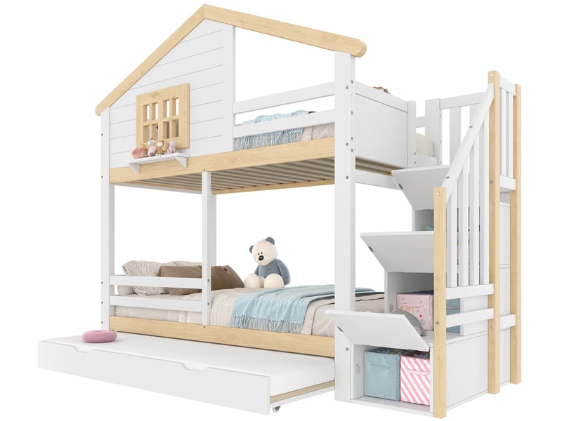  Lit superposé, 90x200 cm, maison, escalier de rangement, avec lit gigogne, matelas non inclus, coloris blanc et naturel  - Conforama A