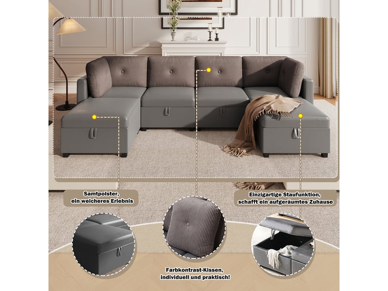  Canapé modulable en u 6 places avec rangement velours gris  - Conforama C