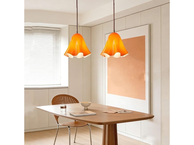  Suspension en verre ondulé en forme de fleur, douille e27, cordon réglable 150 cm, lampe suspendue pour cuisine et salle à manger, rose  - Conforama C