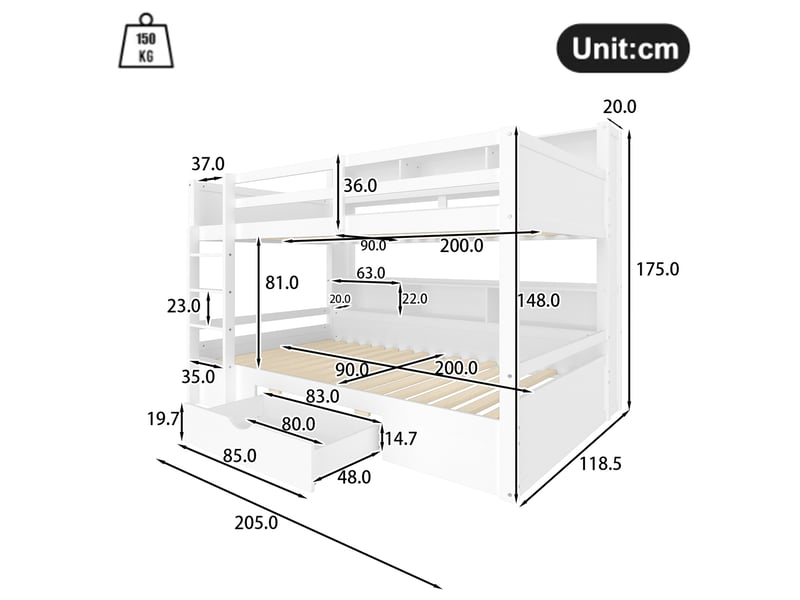  Lit superposé enfant 90x200 cm avec tiroir et rangements blanc  - Conforama C