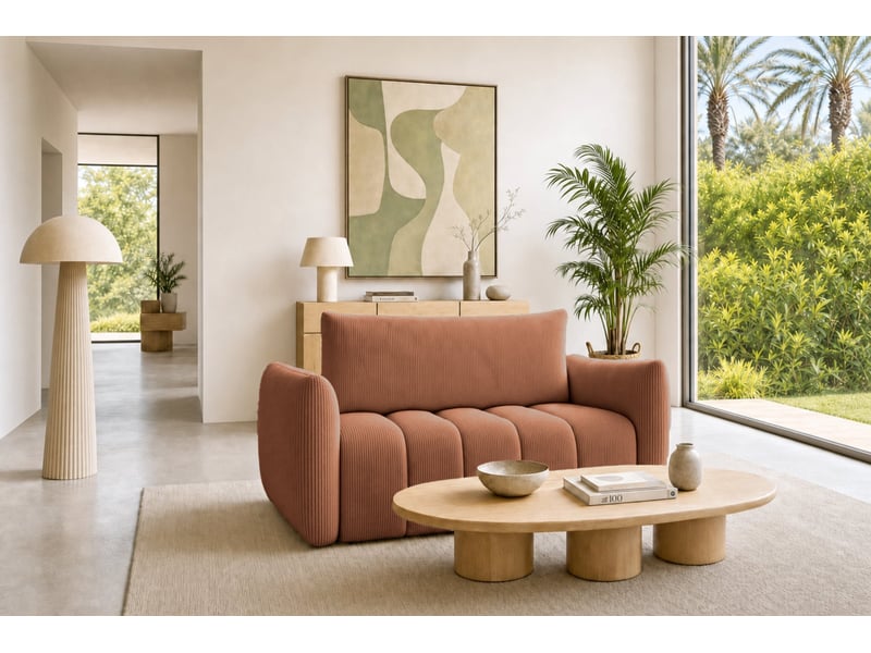 Moorea - canapé droit convertible petit velours côtelé 2 places terracotta - Conforama B