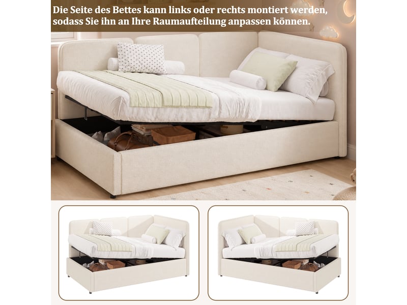  Lit banquette coffre 90x200 cm beige en bouclé avec hydraulique, rangement sous le lit et design réversible gauchedroite Morn Vibe - Conforama D