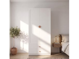 Armoire 90x45x200 cm, porte armoire avec 2 tiroirs, tringle, poignée en bois, couleur blanc