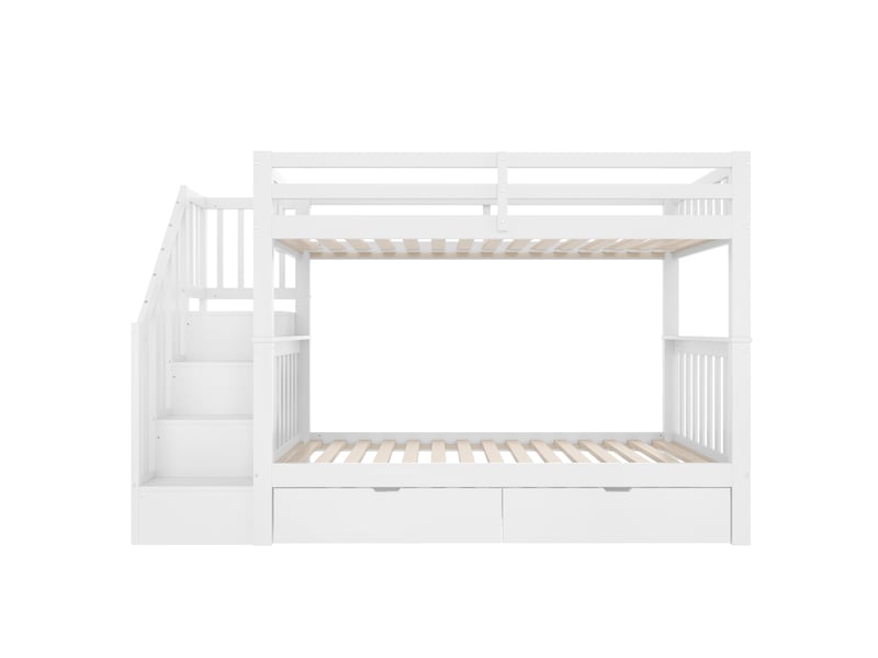 Lit superposé blanc pour enfant 90x200 cm avec escalier de rangement, deux tiroirs pratiques et barrières hautes de sécurité - Conforama W