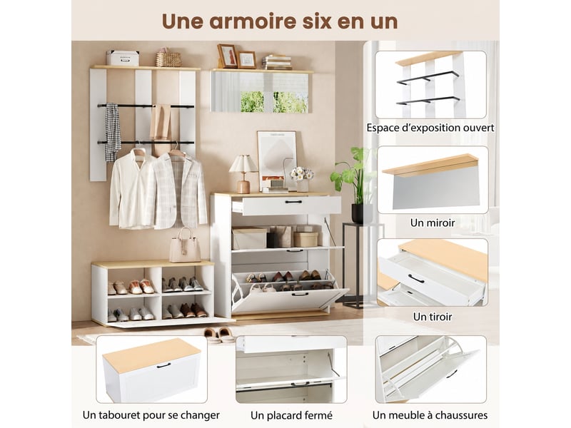  Ensemble meuble d’entrée avec miroir et banc à chaussures, modulable, 156 x 36 x 176 cm, blanc et bois naturel  - Conforama D