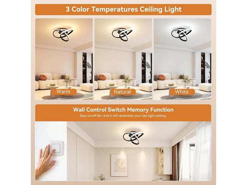  Plafonnier led 21w moderne avec fonction mémoire 3 températures 3000-6500k, lampe de plafond cri80 2100lm, lustre salon pour cuisine et chambre, noir OPULERANE TRADING LTD - Conforama E