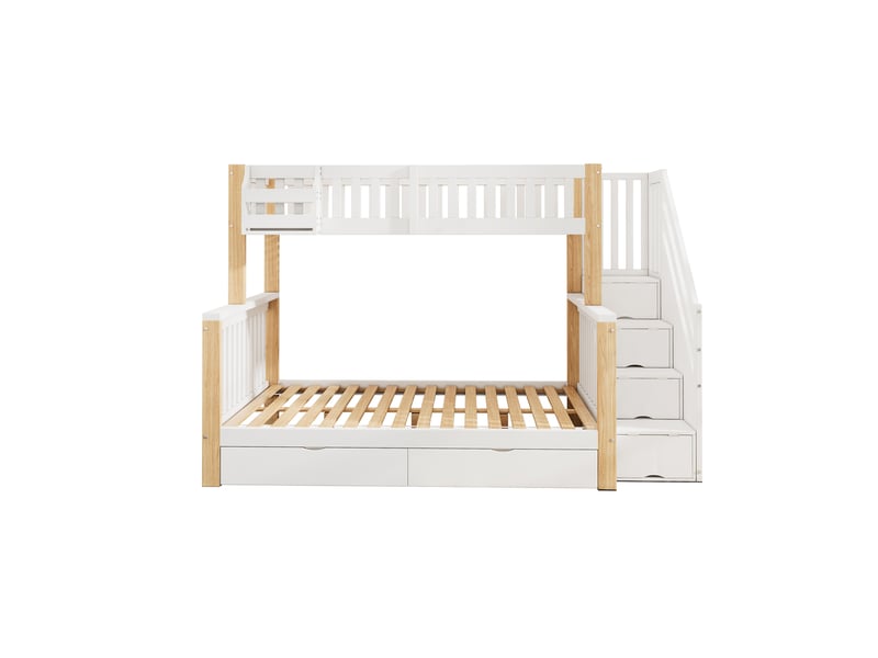 Lit superposé enfant, lit double, lit enfant multifonctionnel avec panier de rangement, tiroir, armoire escalier, armoire de rangement, sans matelas, blanc et naturel - Conforama D