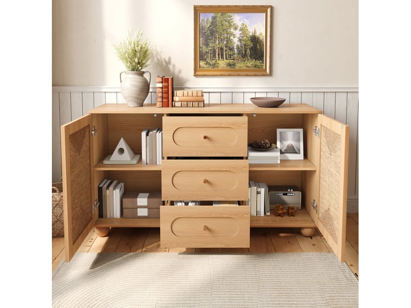  Buffet 140x40x80 cm, 2 portes en corde tressée et 3 tiroirs, mdf et panneaux de particules coloris naturel  - Conforama C