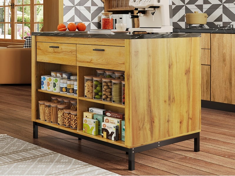  Îlot de cuisine, 120 × 75 × 90 cm, buffet avec 2 tiroirs et 4 étagères ouvertes, plan de travail en marbre noir  - Conforama B