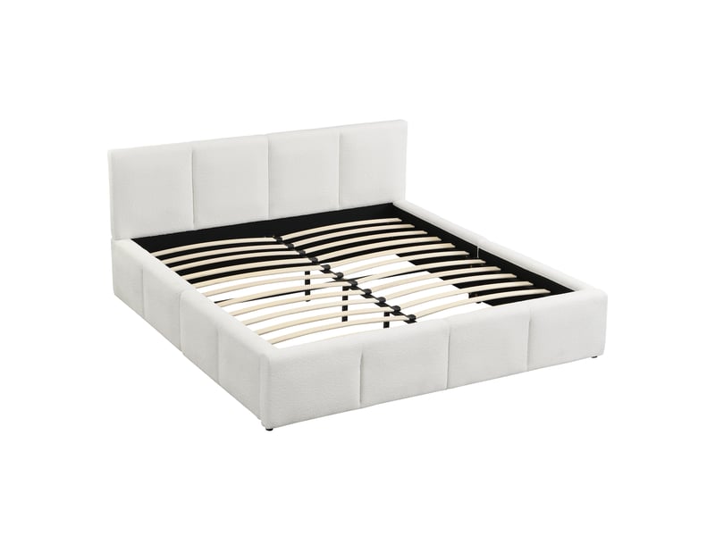  Lit double 180x200 cm avec tête de lit rembourrée en tissu bouclette beige et sommier inclus  - Conforama A