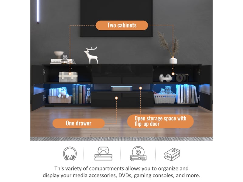  Meuble tv 160x39x45 cm avec éclairage led, 2 portes, 1 tiroir et insert acrylique à ouverture pression, panneau de particules, noir  - Conforama R