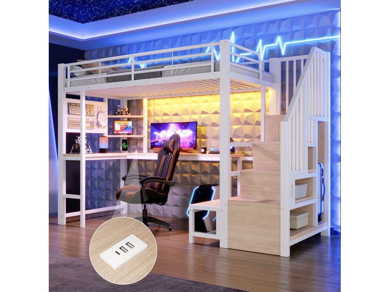 Lit mezzanine 90 × 200 cm avec bureau, escalier de rangement, étagères et éclairage led pour chambre enfant blanc - Conforama D