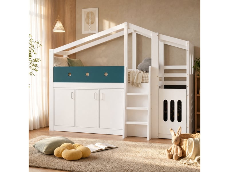 Lit mezzanine enfant 90×200 cm avec espace de jeu, armoire de rangement et échelle, bois blanc sans matelas - Conforama B