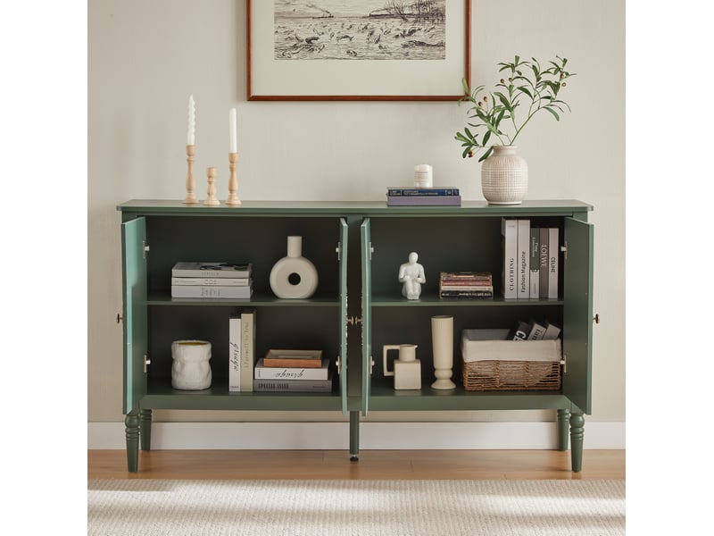  Buffet 160x40x89 cm, design rétro à relief, 4 portes, angles arrondis, panneau de particules, vert, rangement salon  - Conforama D
