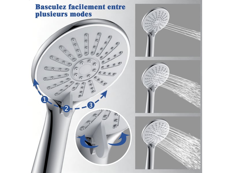 Pommeau de douche aica avec tuyau de douche 1.5m, douchette à main 3 modes, abs & acier inoxydable 304 - Conforama C