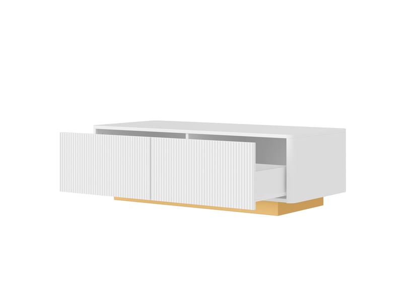  Meuble tv et table basse, ensemble 2 pièces avec rangements fermés, 200 x 40 x 35 cm, façades rainurées et socle doré, mdf, blanc Morn Vibe - Conforama D
