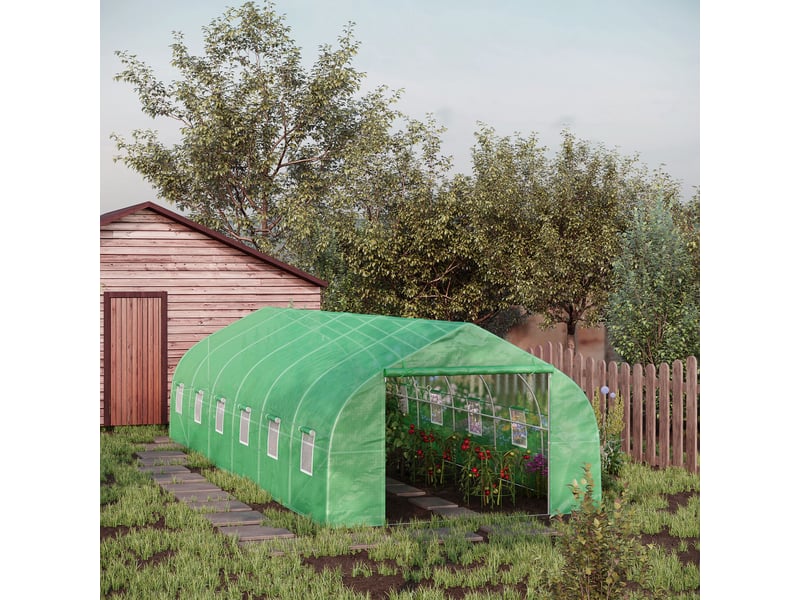 Serre tunnel extérieur 8x3x2 m, 12 fenêtres, porte enroulable, plantestomateslégumes, acierpe 140 gm², vert. - Conforama C