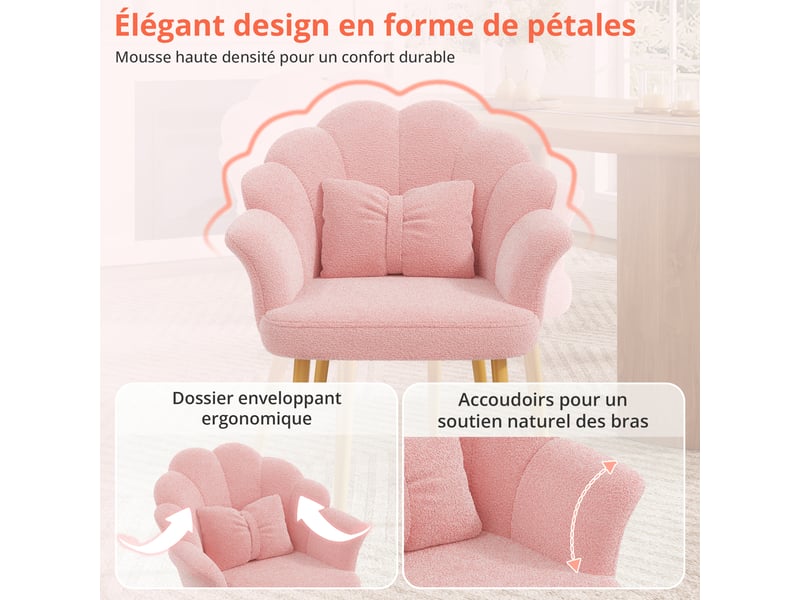 Lot de 6 fauteuils de salle à manger avec dossier pétale, accoudoirs, coussin nœud et pieds en métal doré, tissu bouclette teddy, rose evarich - Conforama D