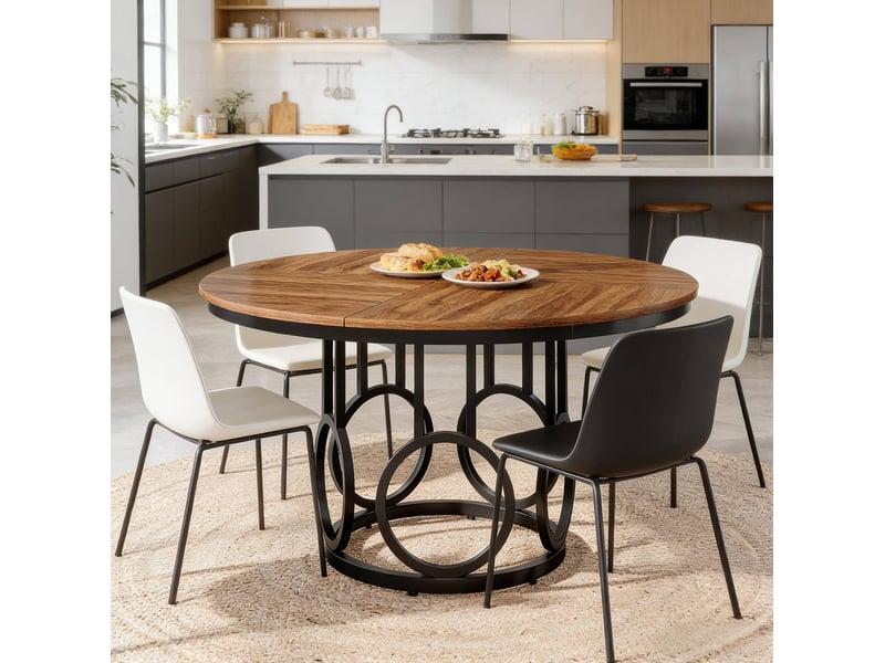  Table à manger ronde 120x120x75 cm style industriel mdf métal noir et marron  - Conforama B