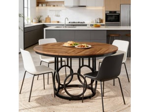 Table à manger ronde 120x120x75 cm style industriel mdf métal noir et marron