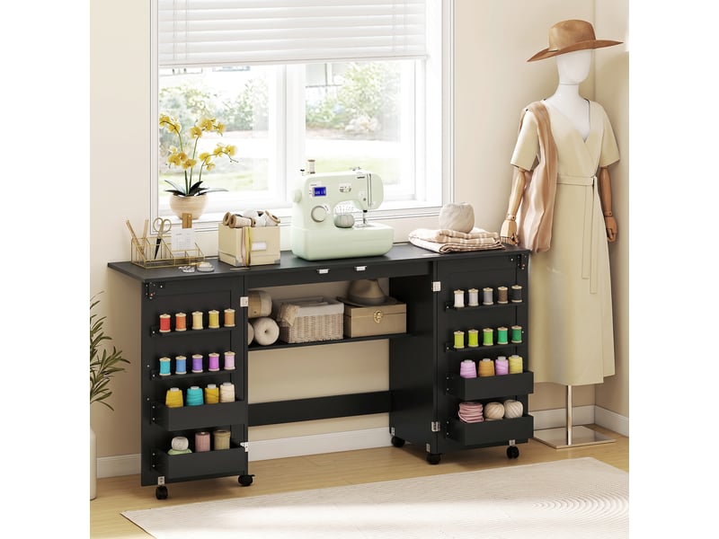  Table de couture pliable sur roulettes - 4 bacs, 20 porte-bobines, étagère - noir  - Conforama B
