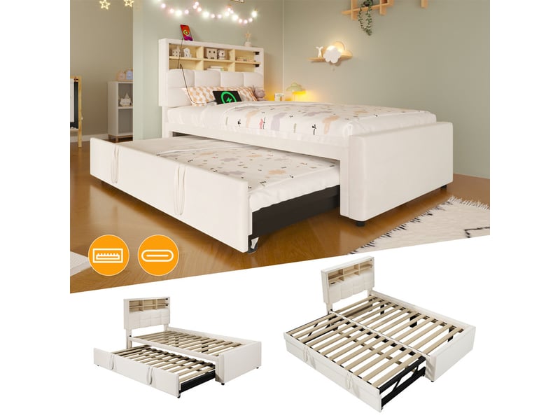  Lit pour enfant 90 x 200 cm – avec lit gigogne – avec port usb-c – velours – beige (matelas non inclus)  - Conforama E
