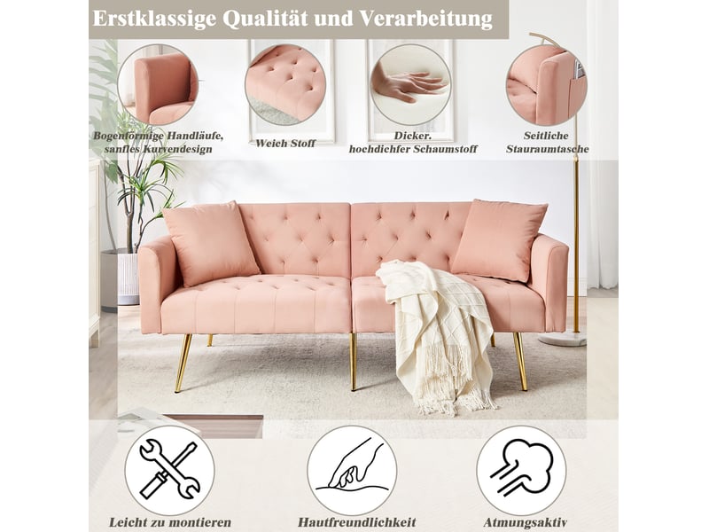 Canapé convertible 2 places avec dossier réglable 3 positions, 2 coussins et couchage d'appoint en velours rose - Conforama E