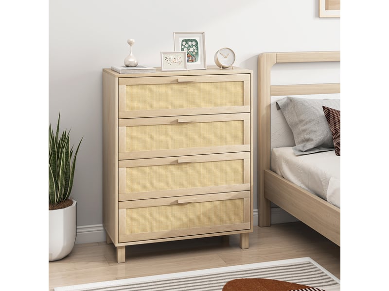  Commode 4 tiroirs cannage en rotin dim. 80l x 40l x 103h cm mdf aspect clair bois  - Conforama D