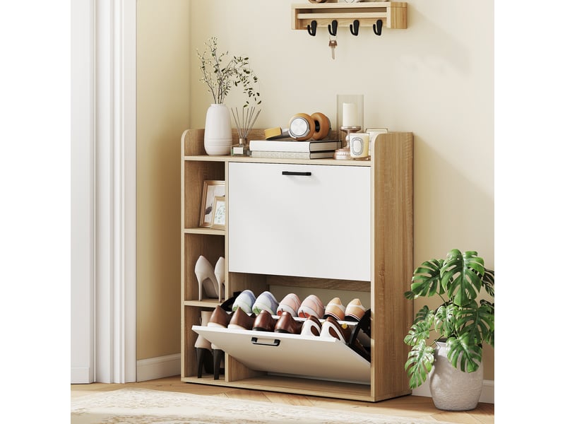 Étagère à chaussures étroite, 2 tiroirs inclinables, 3 compartiments ouverts, capacité 15 paires, 83 x 24 x 90,5 cm, aspect bois et blanc - Conforama B