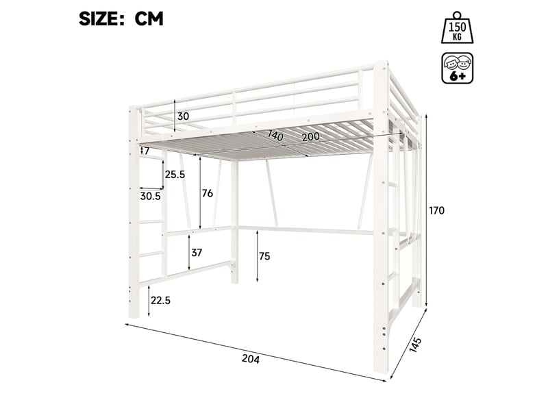  Lit mezzanine 140 × 200 cm 2 places avec double échelle et barrières, sans matelas, en métal, blanc  - Conforama D