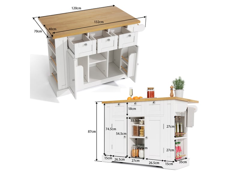 Desserte de cuisine mobile 132 cm, plateau rabattable, prises usb, blanc naturel - Conforama C