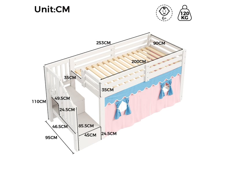  Lit mezzanine semi-haut 90x200 cm avec rangement et led, coloris blanc  - Conforama C