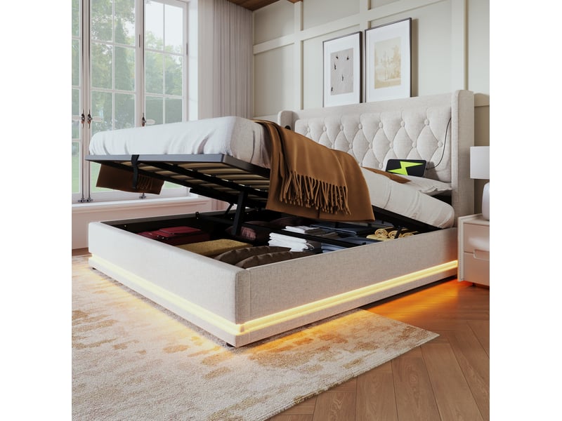  Lit coffre tcqpz 160 x 200 cm beige en coton usb type-c led  - Conforama B