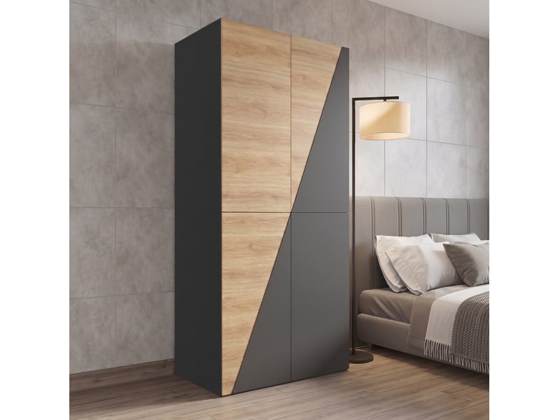  Armoire haute avec penderie, porte-pantalons, boîte et 2 tiroirs pour chambre, mdf gris et bois, 90 × 50 × 200 cm  - Conforama B