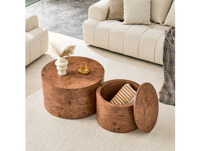 Tables basses gigognes rondes avec rangement intérieur et couvercle amovible aspect bois marron en mdf pour salon  - Conforama D
