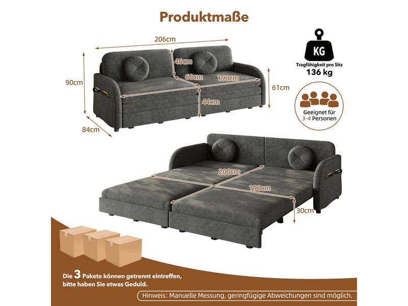  Canapé-lit couple queen-size extensible noir en chenille avec coussins et poches,  - Conforama C
