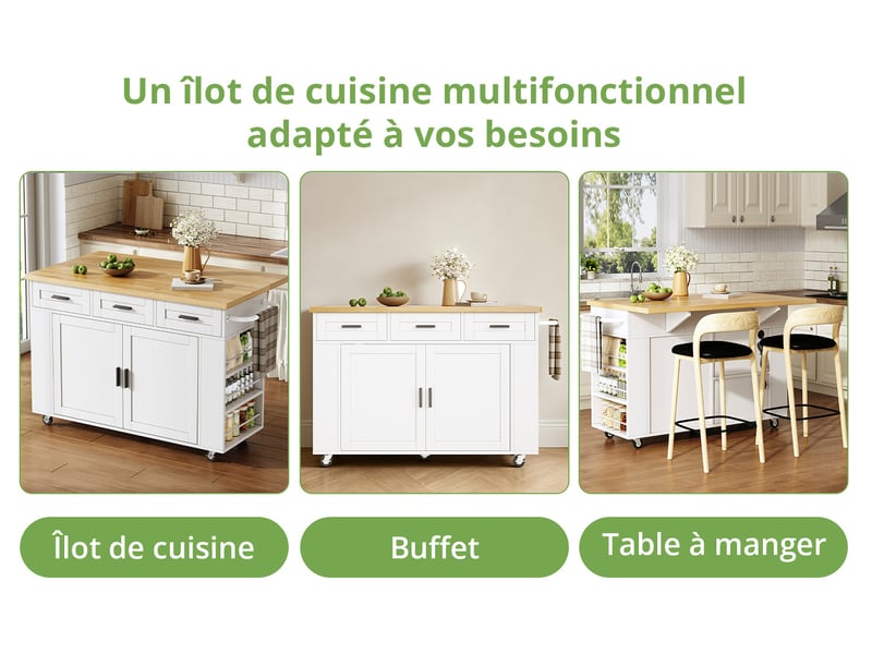  Desserte de cuisine 120 x 45-70 x 84 cm avec plateau rabattable, prises usb, rangements, tiroirs et roulettes  - Conforama D