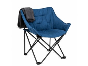 Chaise de camping pliable bleue et noire, rembourrée en tissu, structure métal, facile à transporter