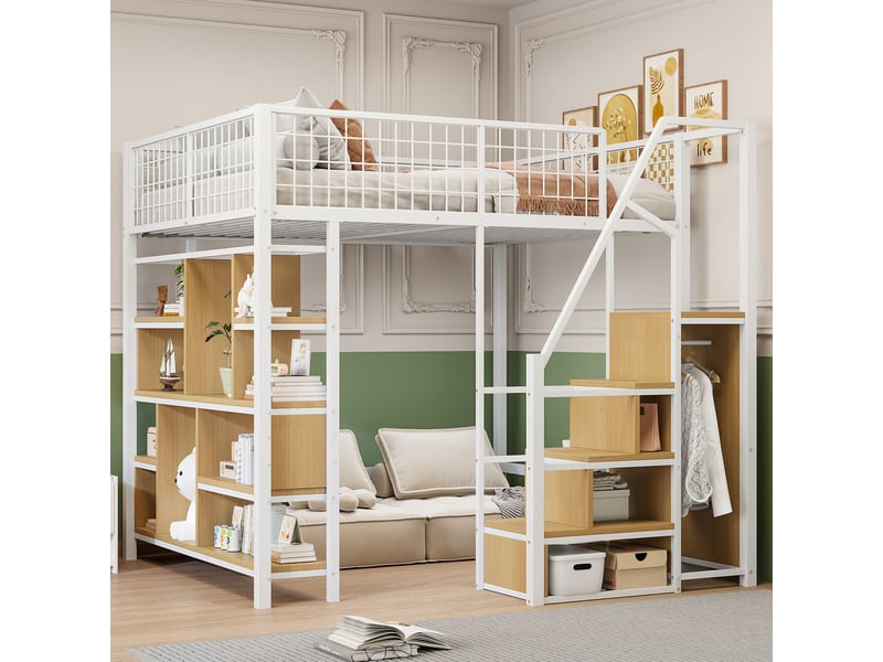  Lit mezzanine enfant 140x200 cm, avec escalier de rangement, espace sous lit multifonction, métal, blanc, sans matelas  - Conforama D