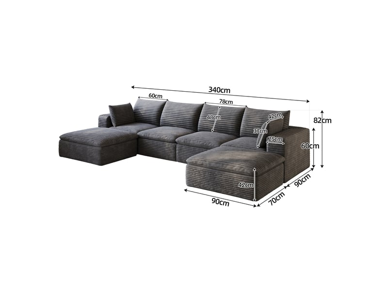 Canapé modulable tcqpz 6 places 340 x 160 x 82 cm en tissu velours côtelé gris foncé coussins amovibles design double couche - Conforama C