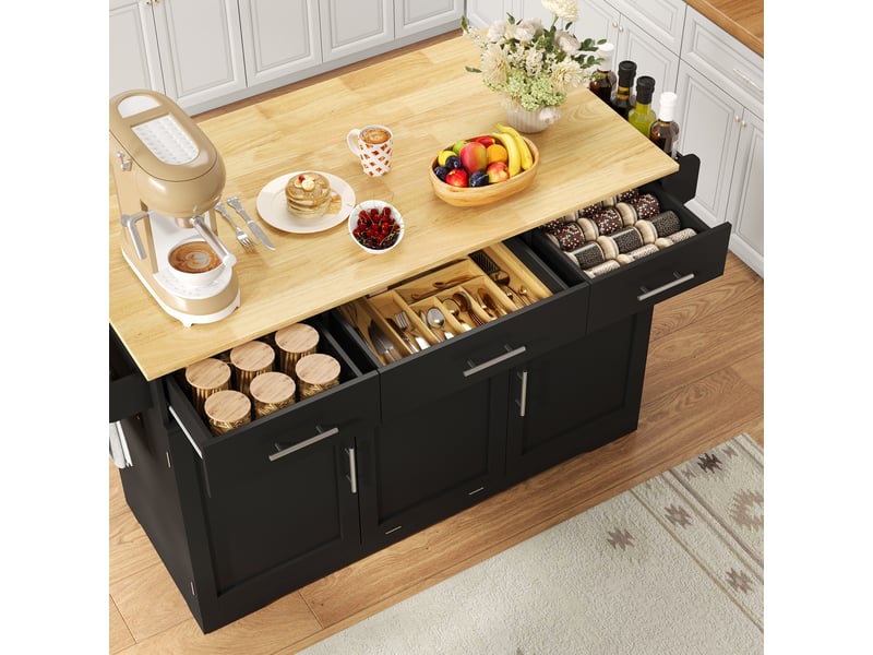 Desserte de cuisine mobile 136x75x92 cm en mdf noir et naturel avec plan rabattable - Conforama E