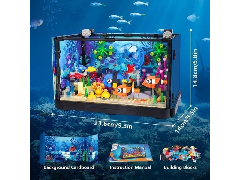  Set de construction aquarium 725 pieces avec 2 led, fond oceanique amovible et animaux marins mobiles  - Conforama D