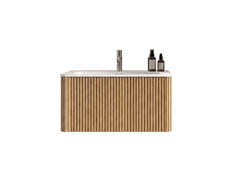  Meuble salle de bain 80 cm suspendu avec lavabo en fonte minérale, design rainuré, couleur chêne  - Conforama C