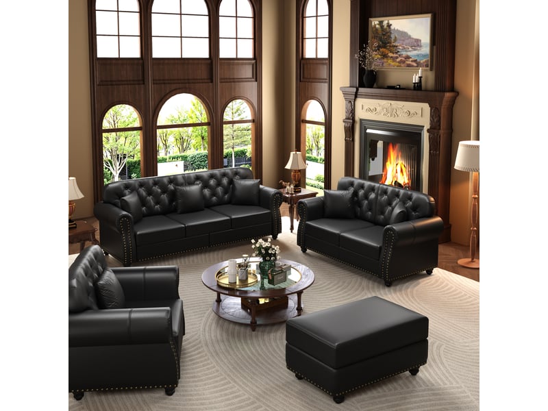  Canapé moderne - ensemble canapé chesterfield 3 pièces avec repose-pieds, 6 places, revêtement en similicuir, noir  - Conforama D