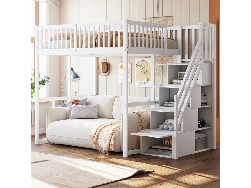  Lit mezzanine 140x200 cm avec échelle de rangement, cadre de lit adulte en pin avec sommier à lattes, lit double, blanc  - Conforama A